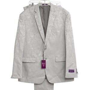 Vinci Italian Suit Silver Paisley Damask Slim Fit Formal 2 Piece Suit Dapper Tux